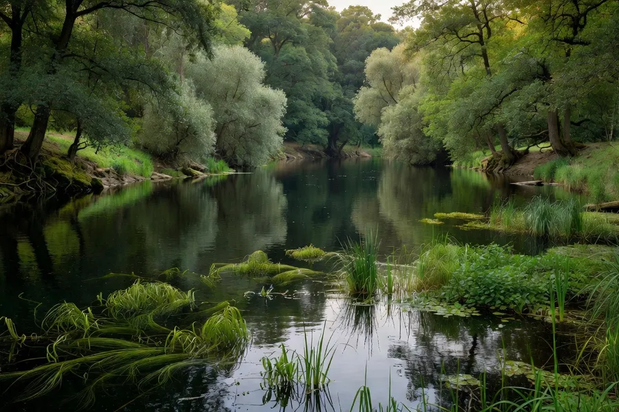 Berge calme et végétation aquatique de la Dordogne, habitat typique du brochet