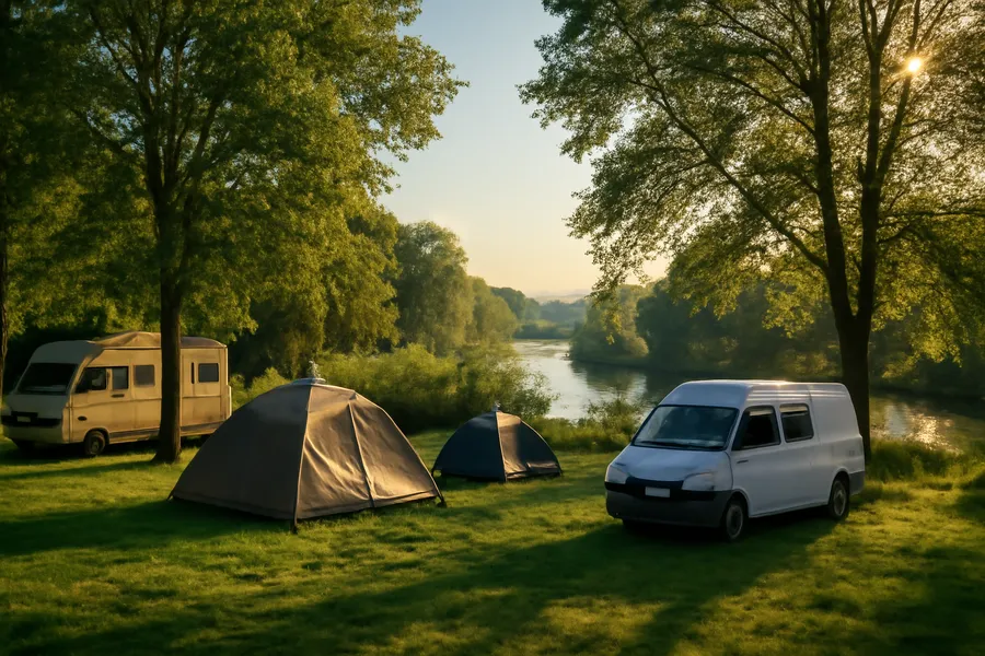 Petit camping rural en pleine nature près d'une rivière, tentes et camping-cars nichés parmi les arbres