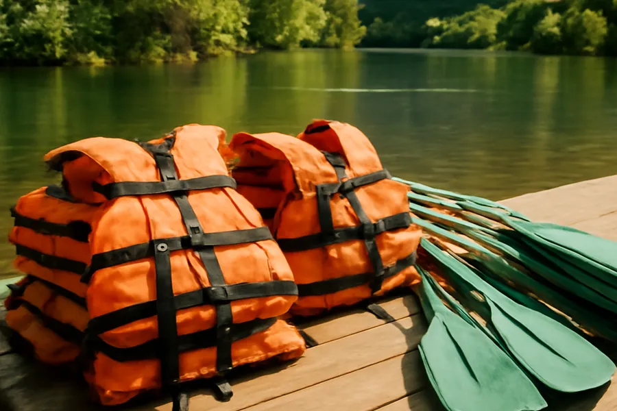 Gilets de sauvetage et pagaies rangés sur un ponton en bois avant une sortie canoë
