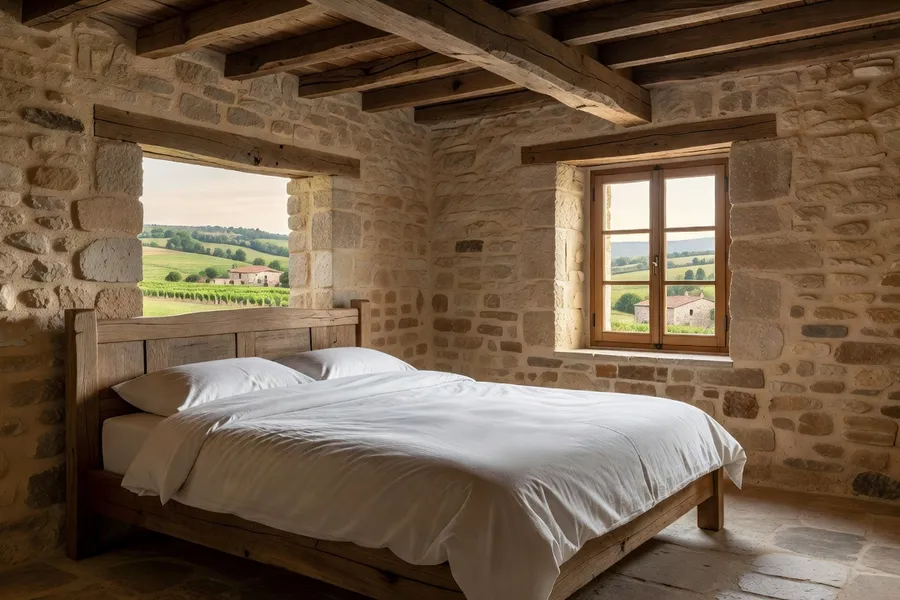 Chambre d'hôtes chaleureuse dans une maison en pierre du Périgord, poutres apparentes et lumière naturelle