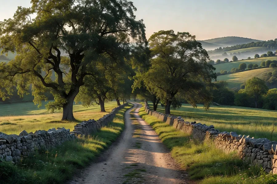 Chemin de campagne bordé de noyers et de murets de pierre sèche dans le Périgord Noir