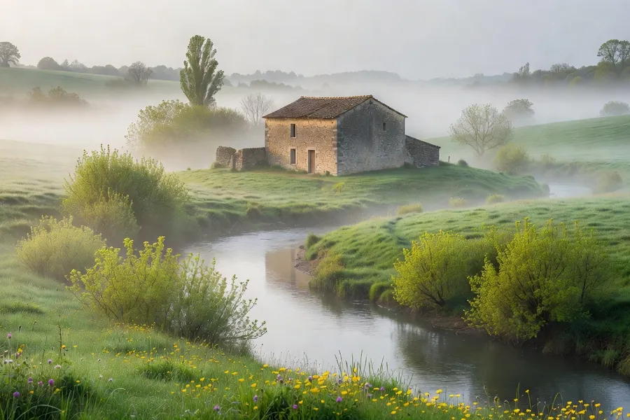 Vue printanière sur le Périgord Noir avec végétation en fleurs