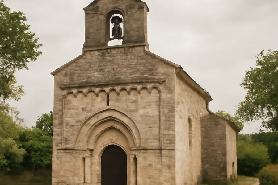 Petite église romane en pierre calcaire au cœur d'un village du Périgord Noir