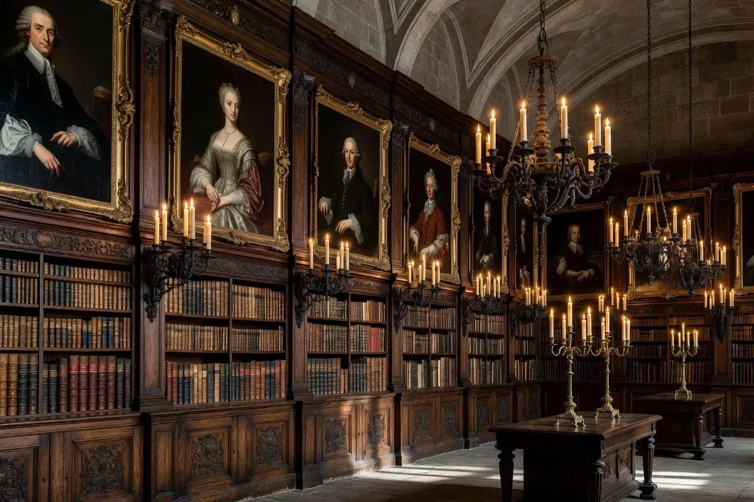 Bibliotheque ancienne avec edition originale des Aventures de Telemaque plume et chandelle baroque