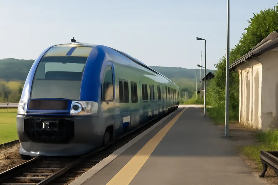 Petite gare régionale française avec train TER, campagne en arrière-plan