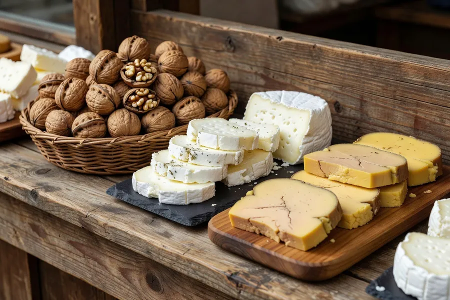 Étal de fromages de chèvre et noix sur un marché du Périgord Noir