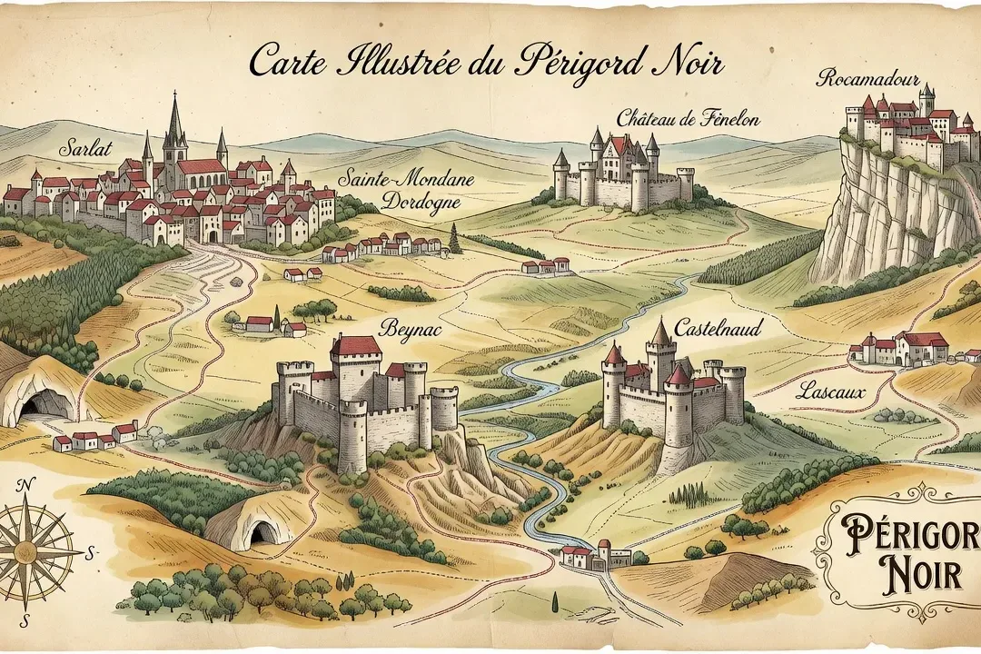 Vue panoramique du meandre de la Dordogne depuis les falaises de Beynac eaux turquoise Perigord Noir