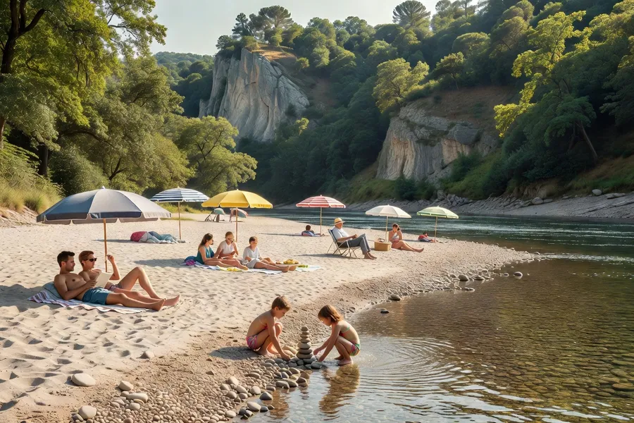 Canoë glissant sur les eaux calmes de la Dordogne au pied des falaises calcaires du Périgord Noir
