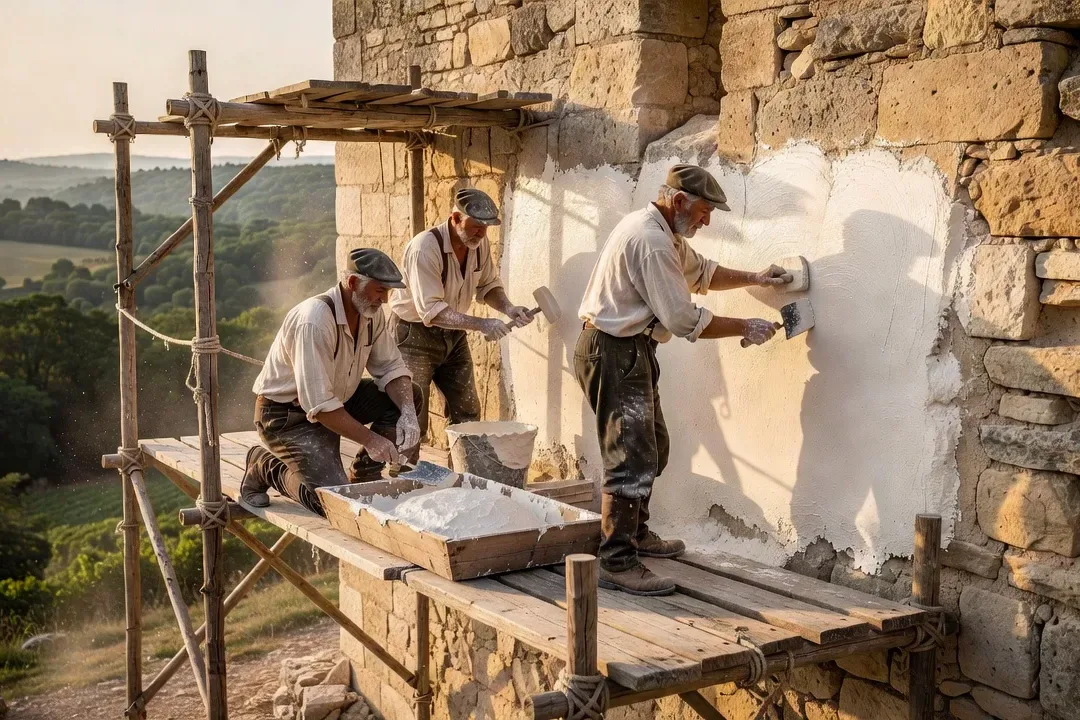 Architecte des Monuments Historiques inspectant les pierres calcaires d-un chateau medieval en Perigord