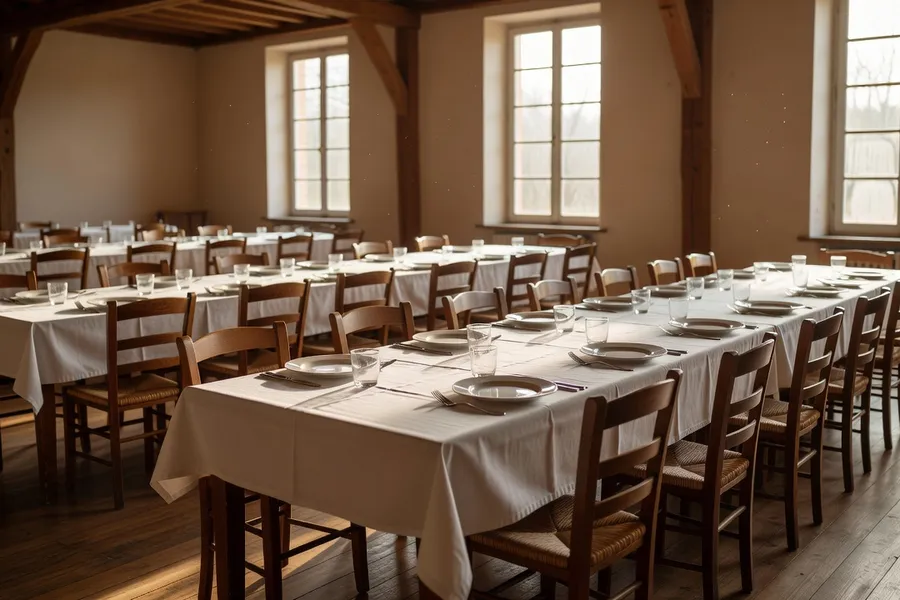 Salle des fêtes de village aménagée pour un repas communautaire, tables dressées et lumière naturelle