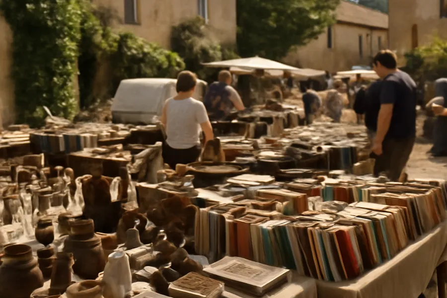 Vide-grenier de village français en plein air, tables d'objets anciens sous le soleil d'été