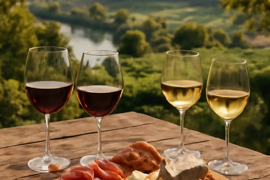 Verres de vin blanc et rouge disposés sur une table en bois avec vignoble en arrière-plan