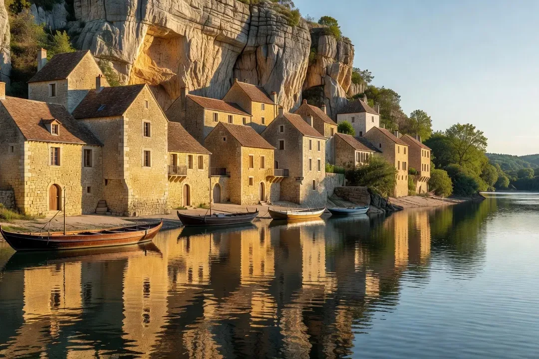 Village de La Roque-Gageac accroche a la falaise calcaire au-dessus de la Dordogne gabarres sur la riviere