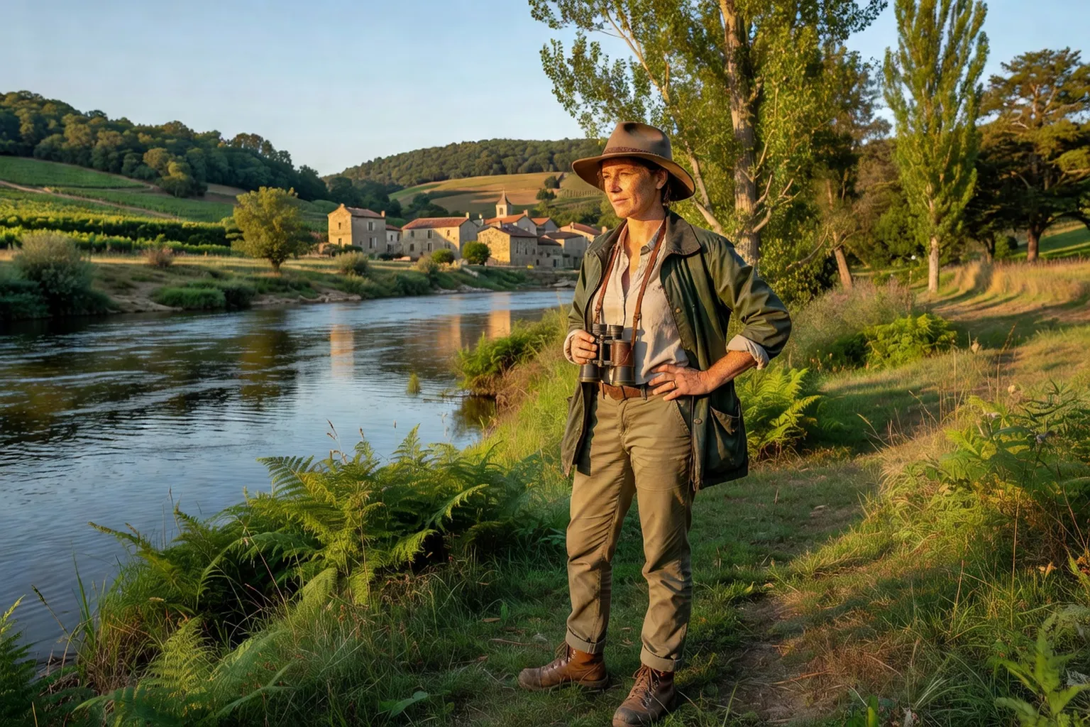 Portrait de Sylvie Rambaud, naturaliste, en observation au bord de la Dordogne