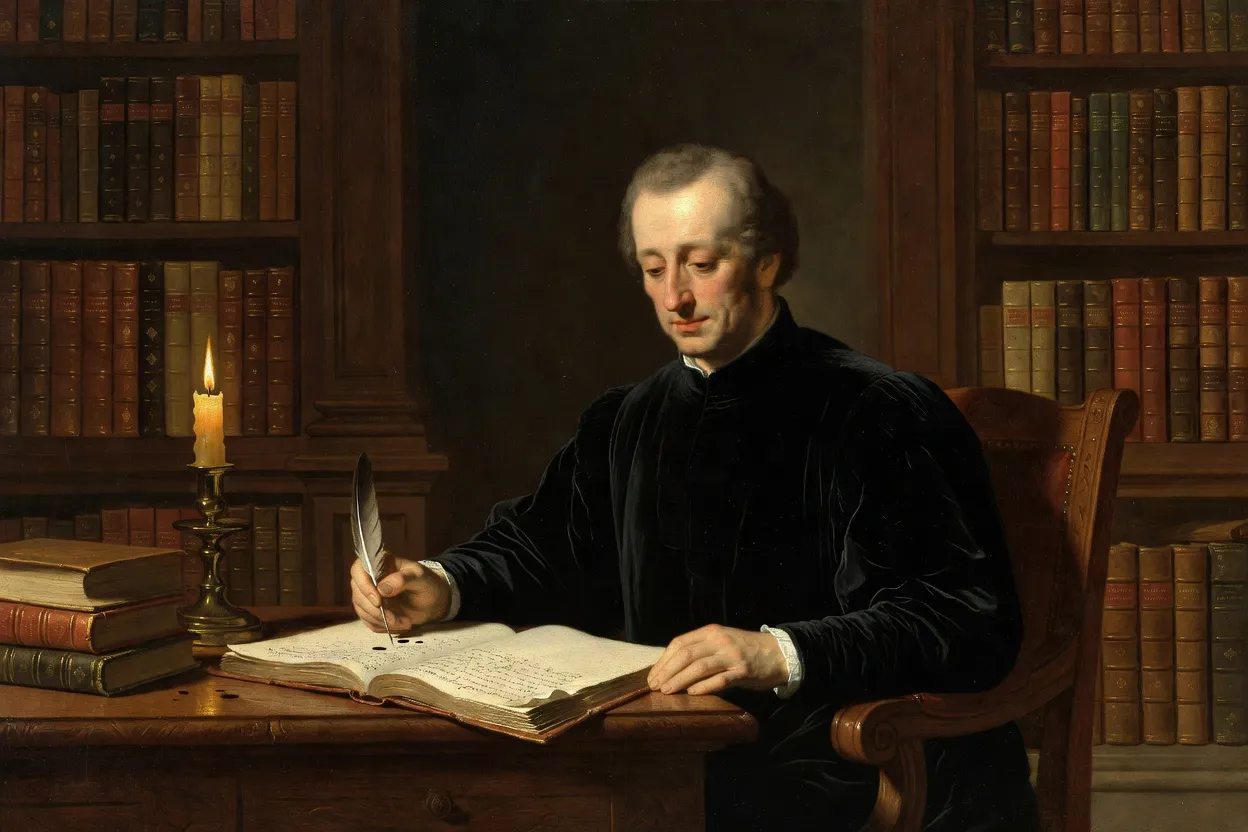 Portrait baroque de François Fénelon en habits ecclésiastiques, plume à la main, bibliothèque ancienne
