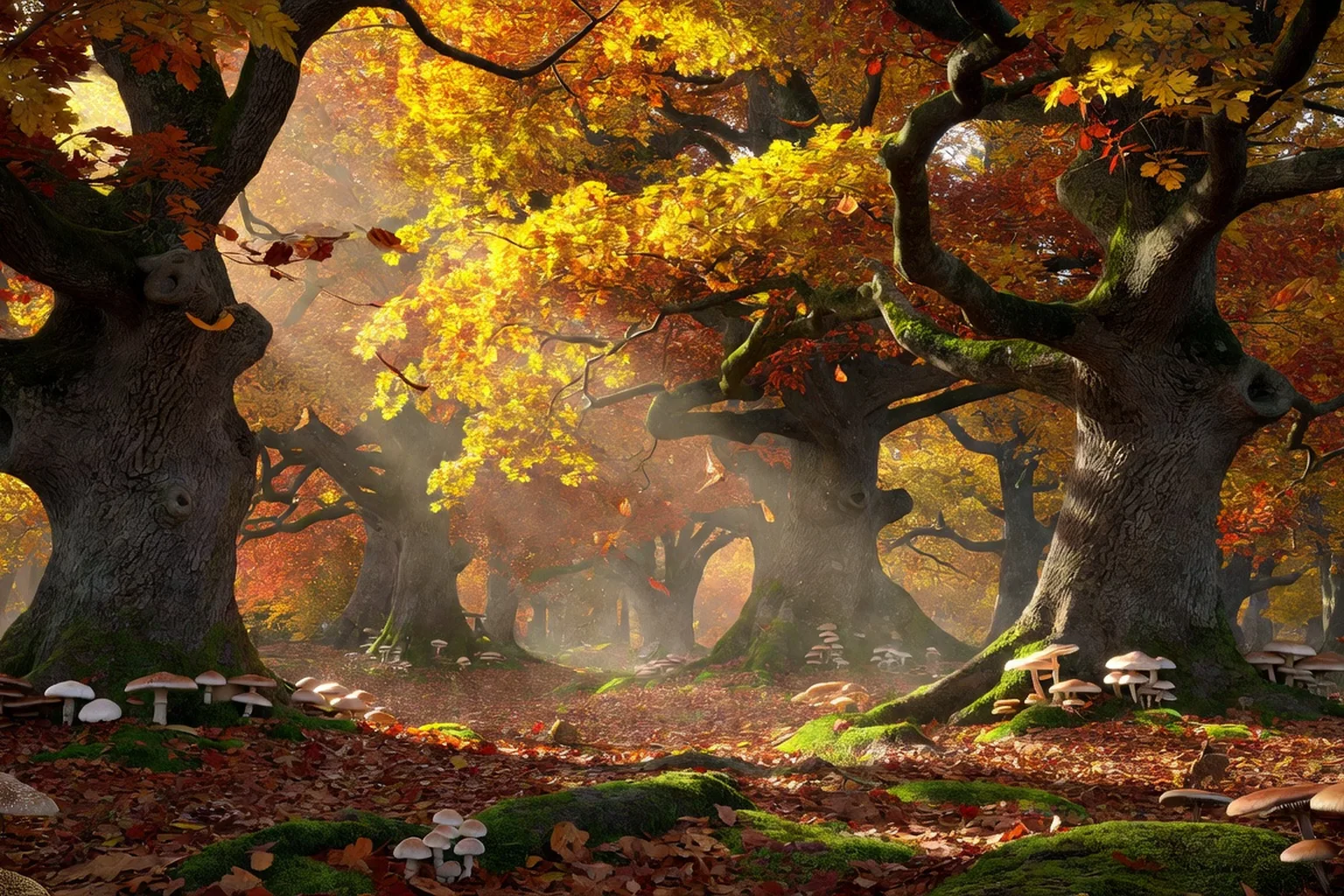 Forêt de chênes du Périgord Noir en automne, lumière dorée filtrant à travers les feuillages