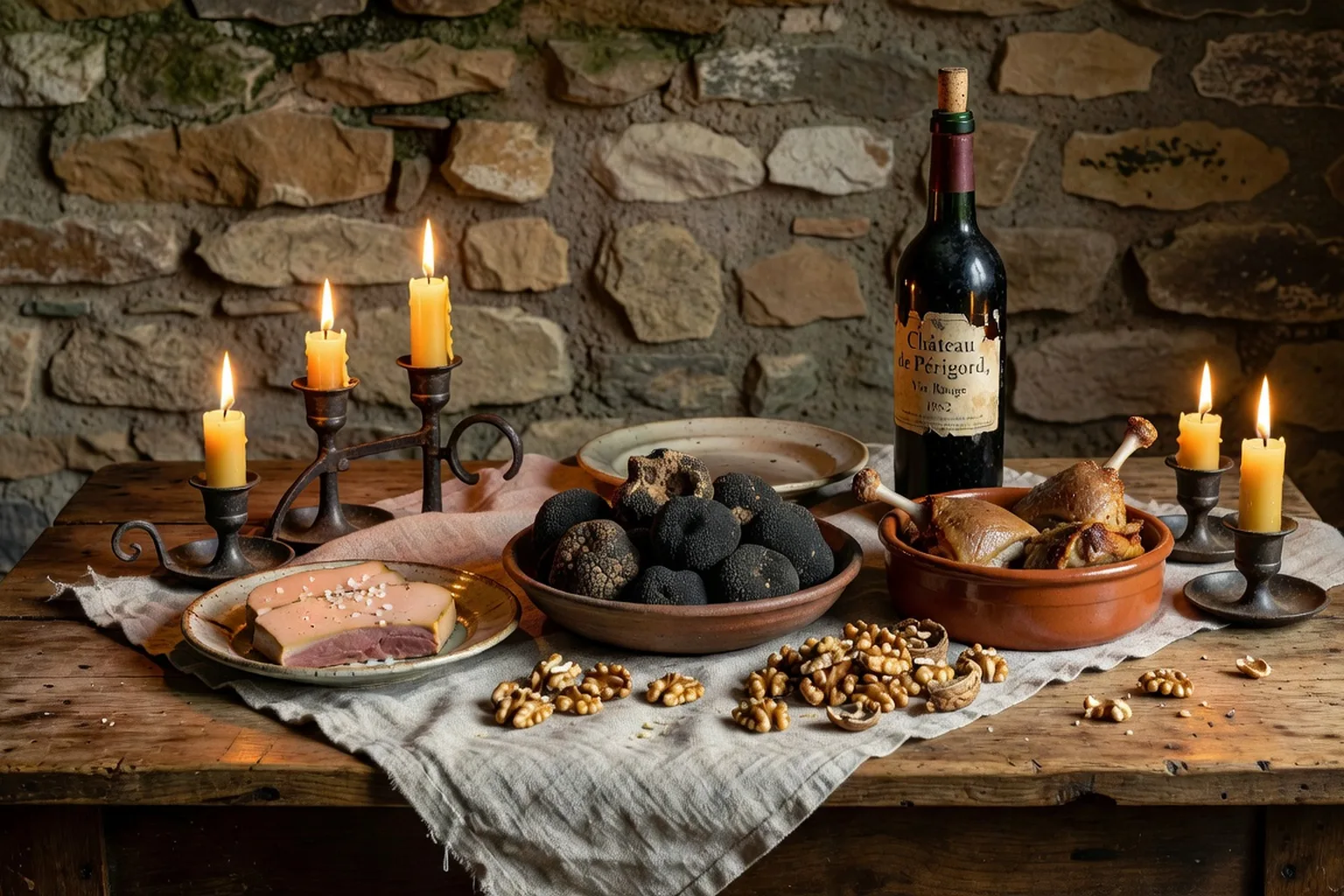 Table rustique périgordine avec foie gras, noix, truffes et produits du terroir de la Dordogne