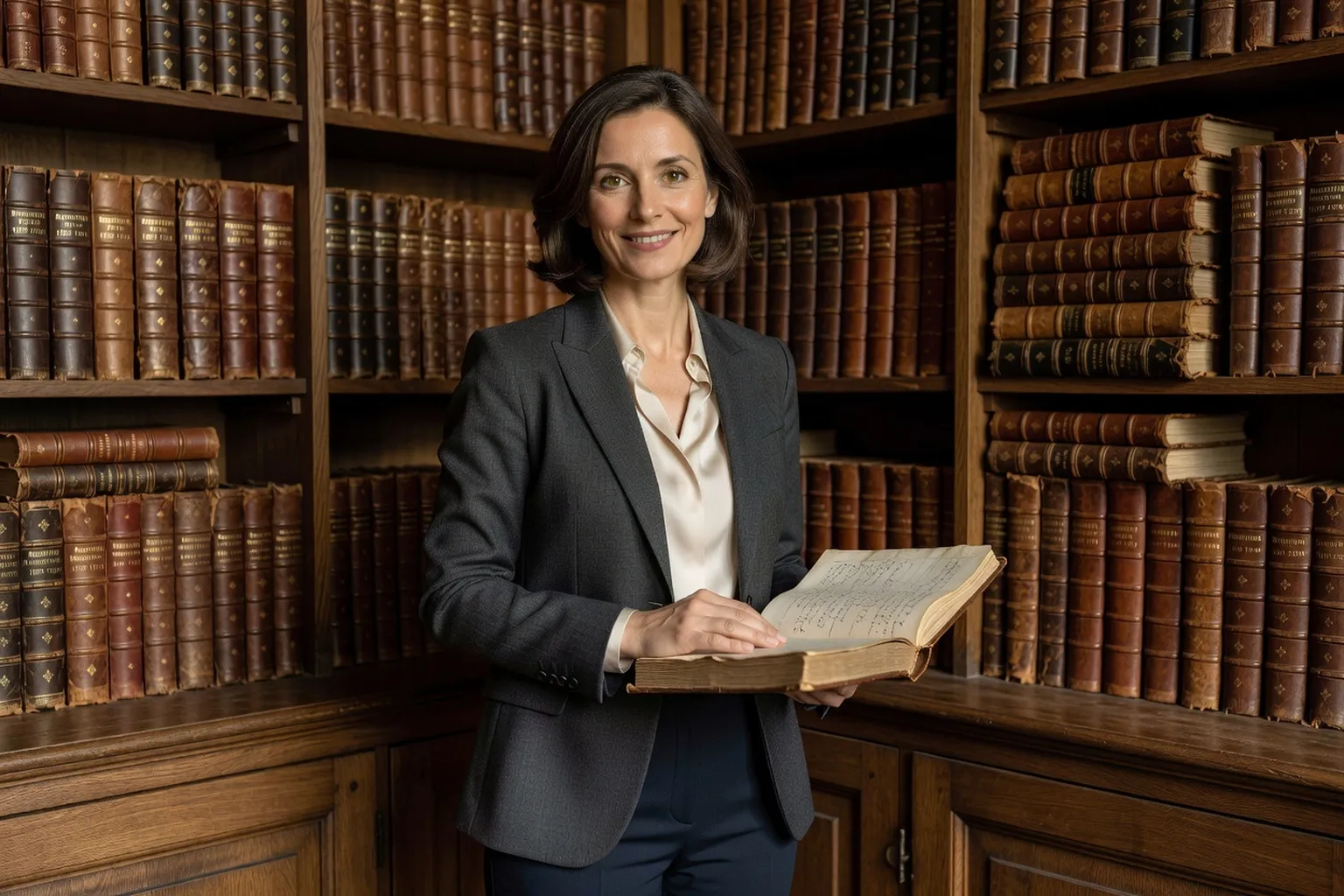 Portrait de Bénédicte Lasserre, généalogiste, dans une salle d'archives en Périgord