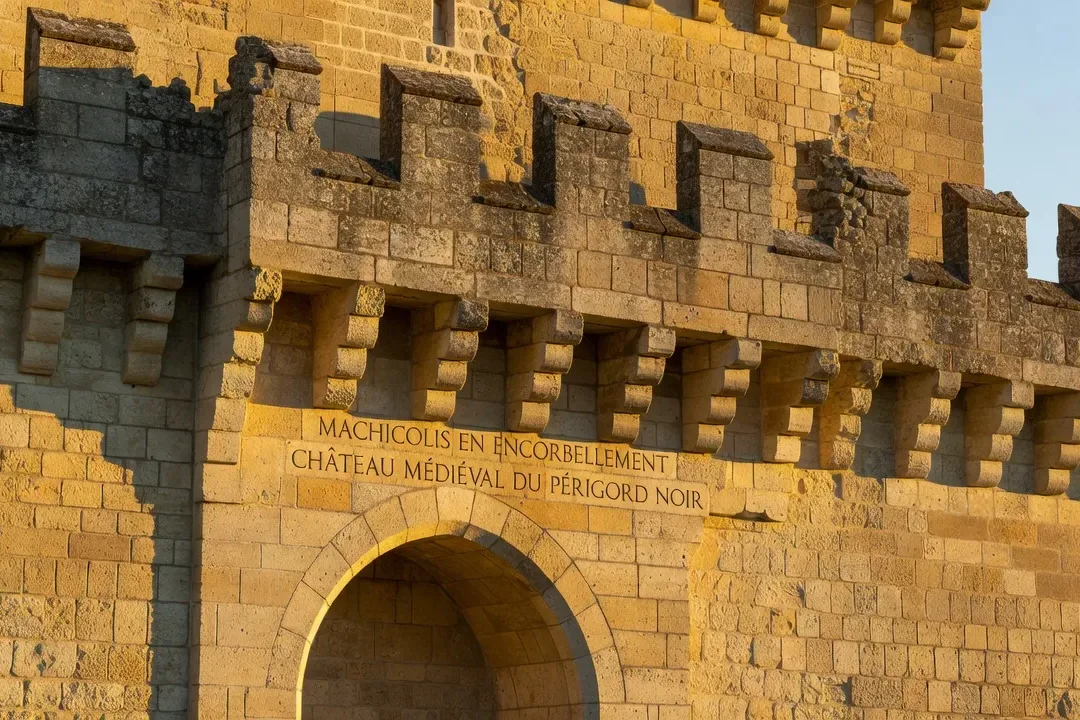 Détail architectural d'un château médiéval en calcaire : machicouli en encorbellement, créneaux, merlons, Périgord Noir