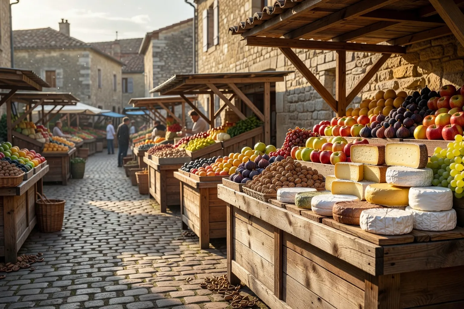 Étal de marché périgourdin avec noix, fromages de chèvre et produits fermiers en Dordogne