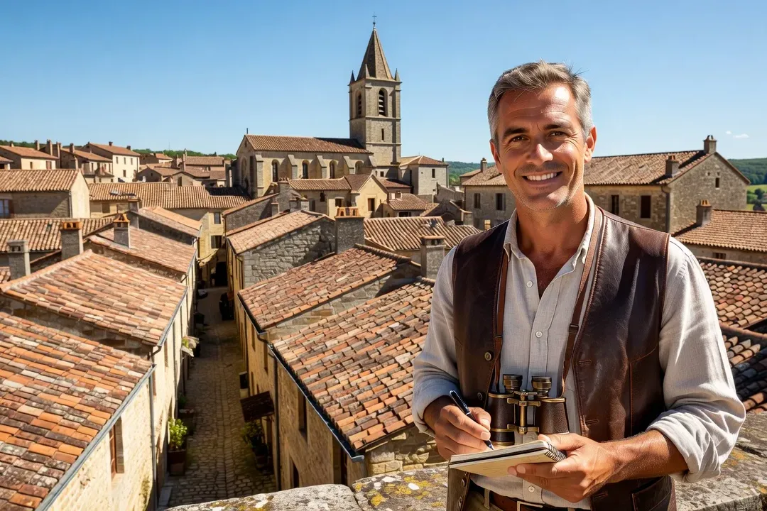 Guide touristique souriant devant les toits de Sarlat-la-Canéda, Périgord Noir