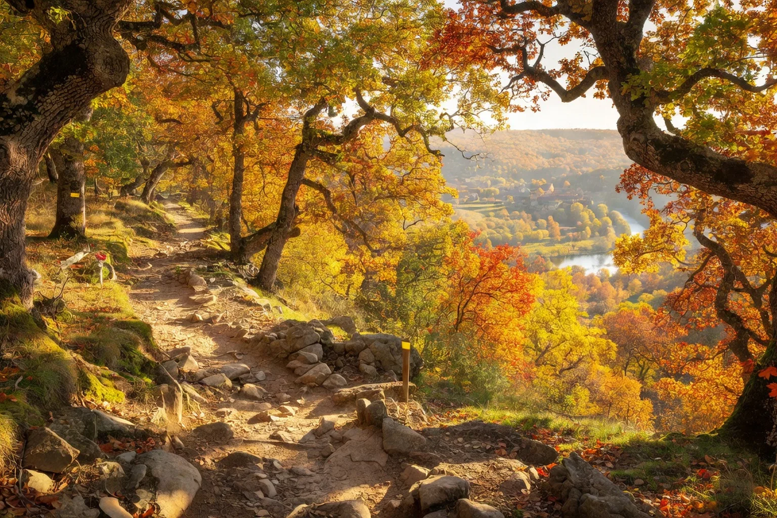 Sentier balisé dans les bois du Périgord Noir, lumière dorée d'automne filtrant à travers les chênes