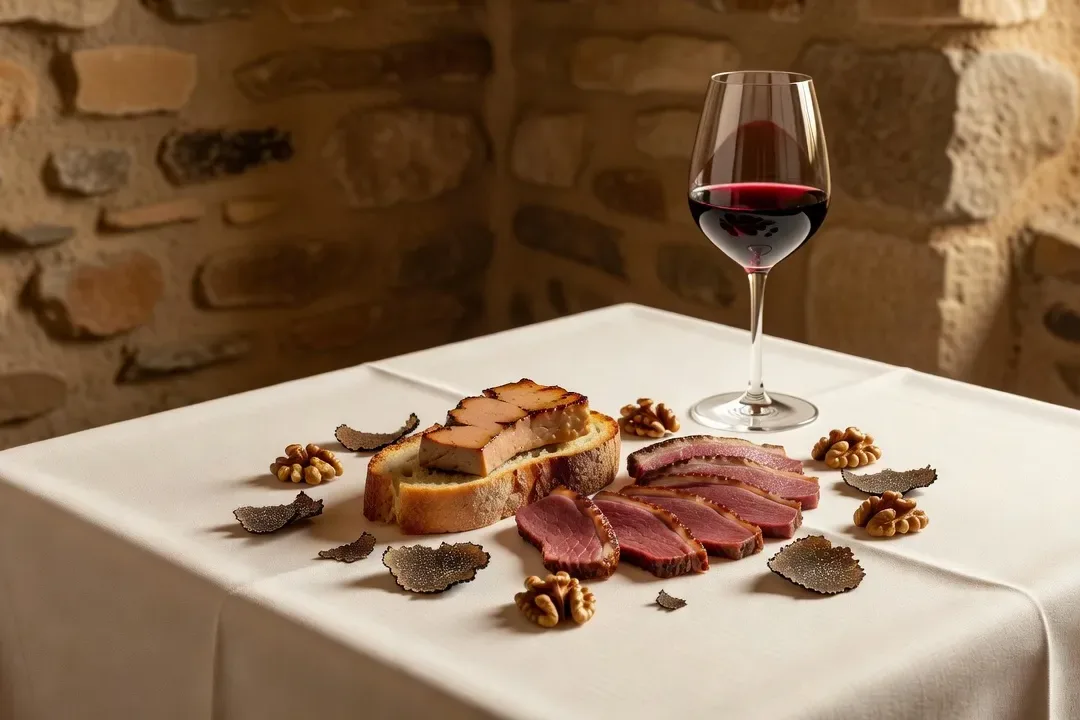 Table de restaurant périgourdin avec foie gras, magret de canard et noix du Périgord, salle en pierre ancienne