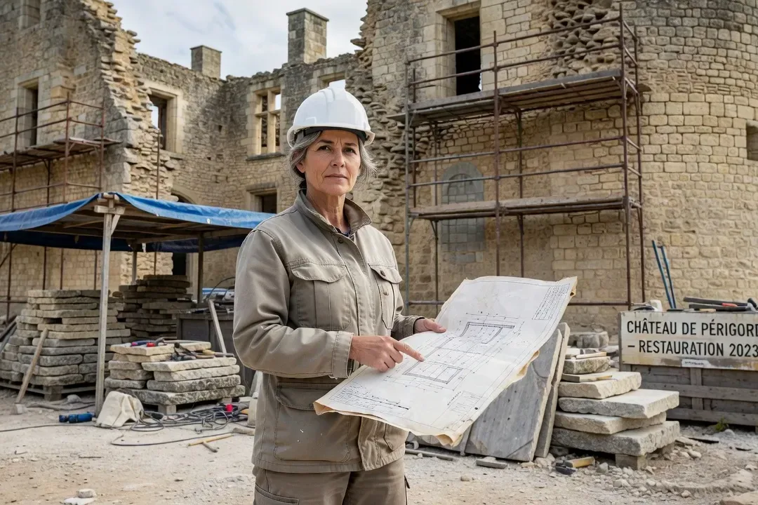 Architecte femme sur un chantier de restauration d'un château médiéval en calcaire, Périgord