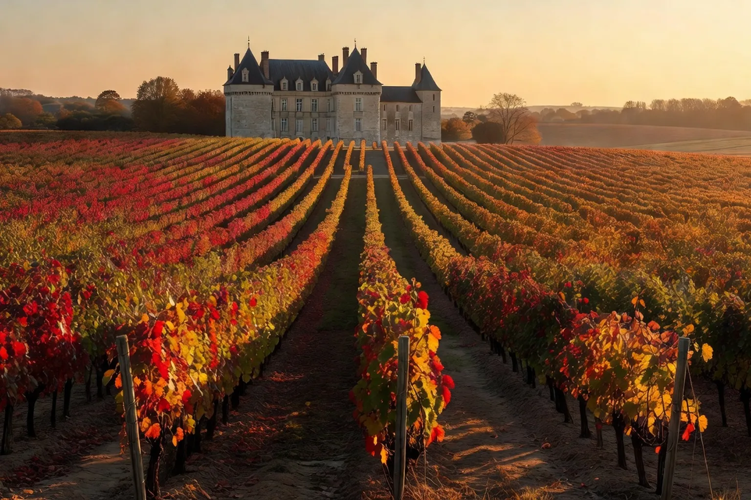Rangs de vigne du vignoble de Bergerac au coucher du soleil en Dordogne
